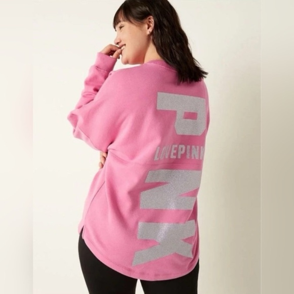 VICTORIA'S SECRET PINK VARSITY CREW SWEATSHIRT SMALL PINK SILVER GLITTER
